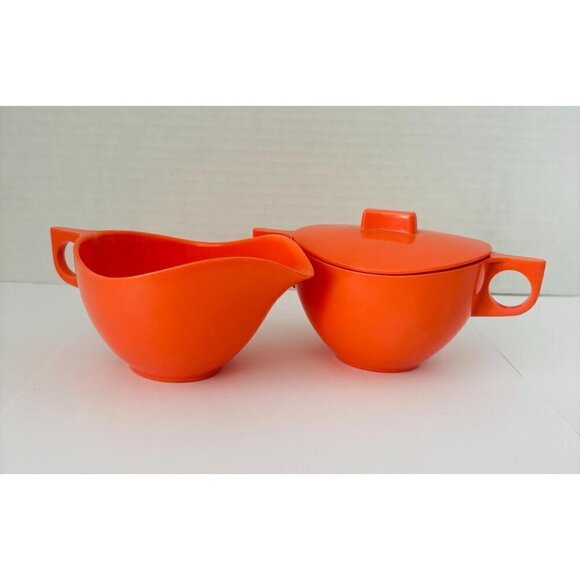 Vintage Coral Melmac Cream And Sugar Set Coffee Time Retro Kitsch Made In Canada - Picture 1 of 10